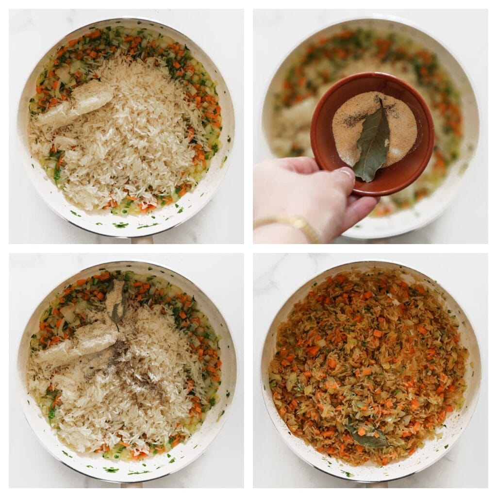 Voeg de rijst, knoflookpoeder, uienpoeder, cayennepeper, zwarte peper en het laurierblaadje toe. Meng goed.