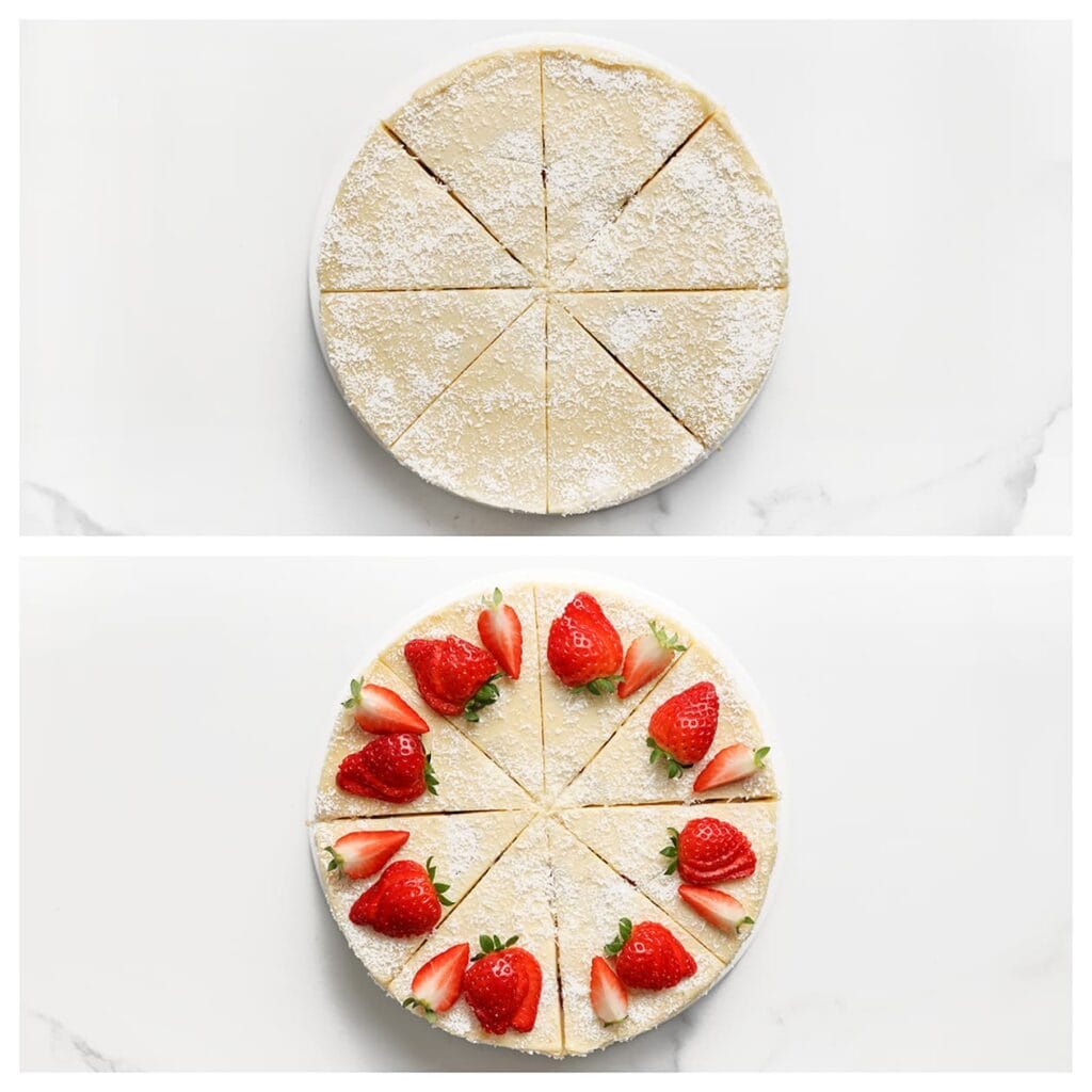 Snijd de taart in punten en garneer met verse aardbeien.