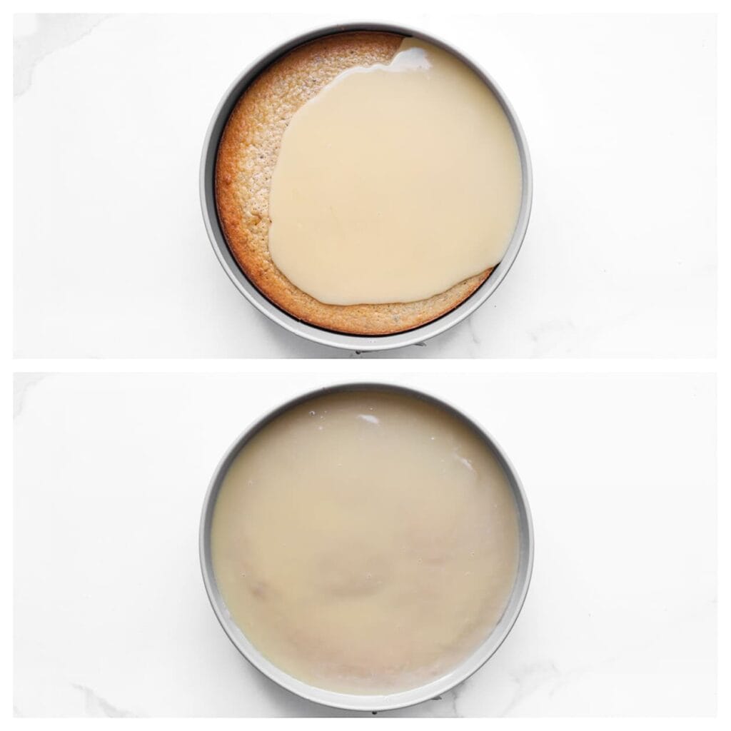 Giet de afgekoelde ganache over de cake. Dek af en zet minstens een nacht in de koelkast om op te stijven.