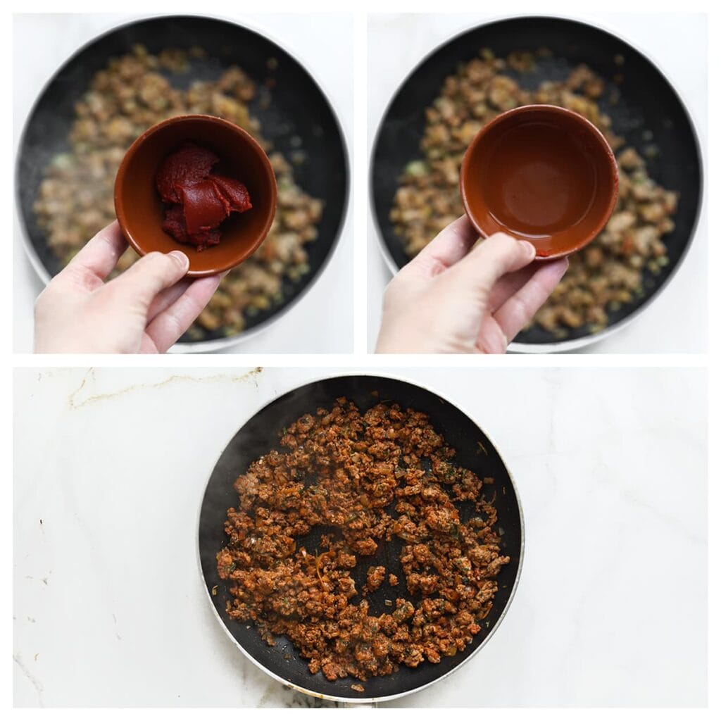 Voeg de tomatenpuree en het water toe. Laat nog 2-3 minuten doorkoken. Haal van het vuur en laat het gehaktmengsel volledig afkoelen.