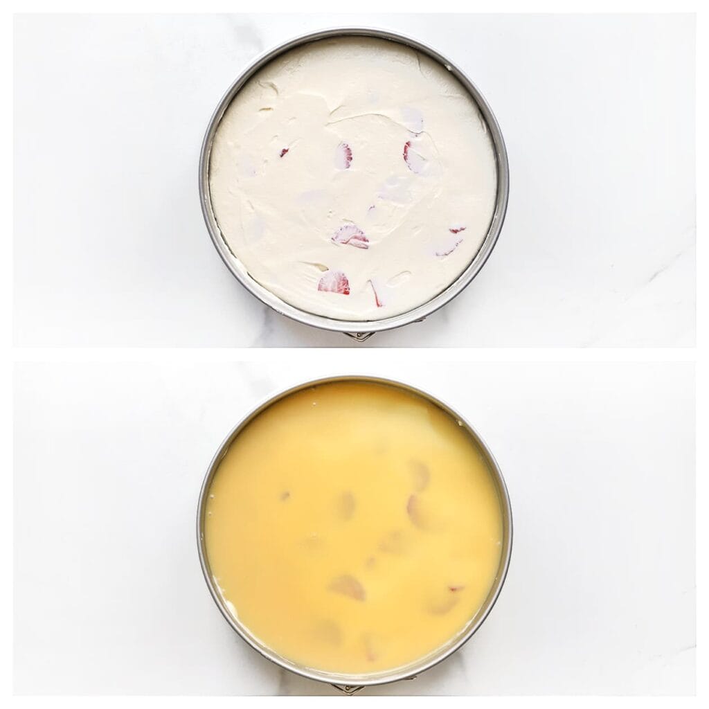 Giet de ganache gelijkmatig over de roomlaag. Dek de taart af en zet minstens een nacht in de koelkast om op te stijven.