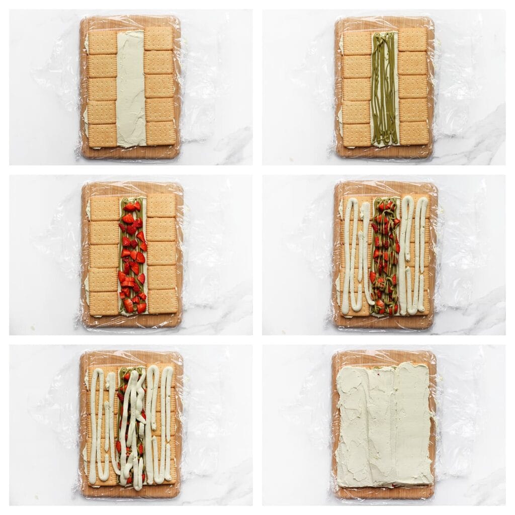 Spuit in het midden wat pistachepasta en leg daar stukjes aardbei bovenop. Spuit hier opnieuw wat pistachepasta over. Verdeel de room over het geheel en strijk dit gelijkmatig glad (bewaar wat room apart in de koelkast voor de afwerking).