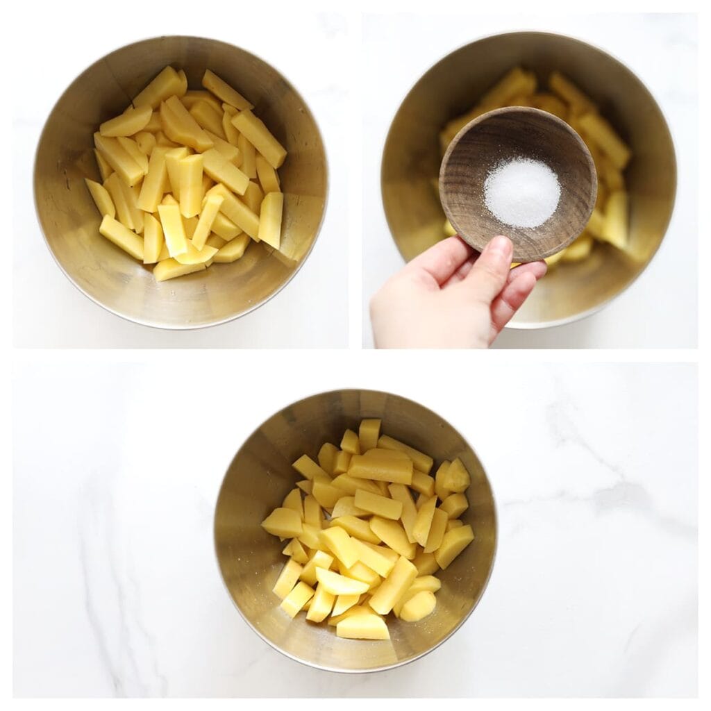 Schil de aardappels en snijd ze in frietvorm. Spoel kort af en dep goed droog. Meng de friet met het zout.