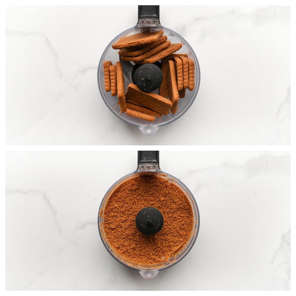 Maal de biscoff-koek fijn in een hakmolen.