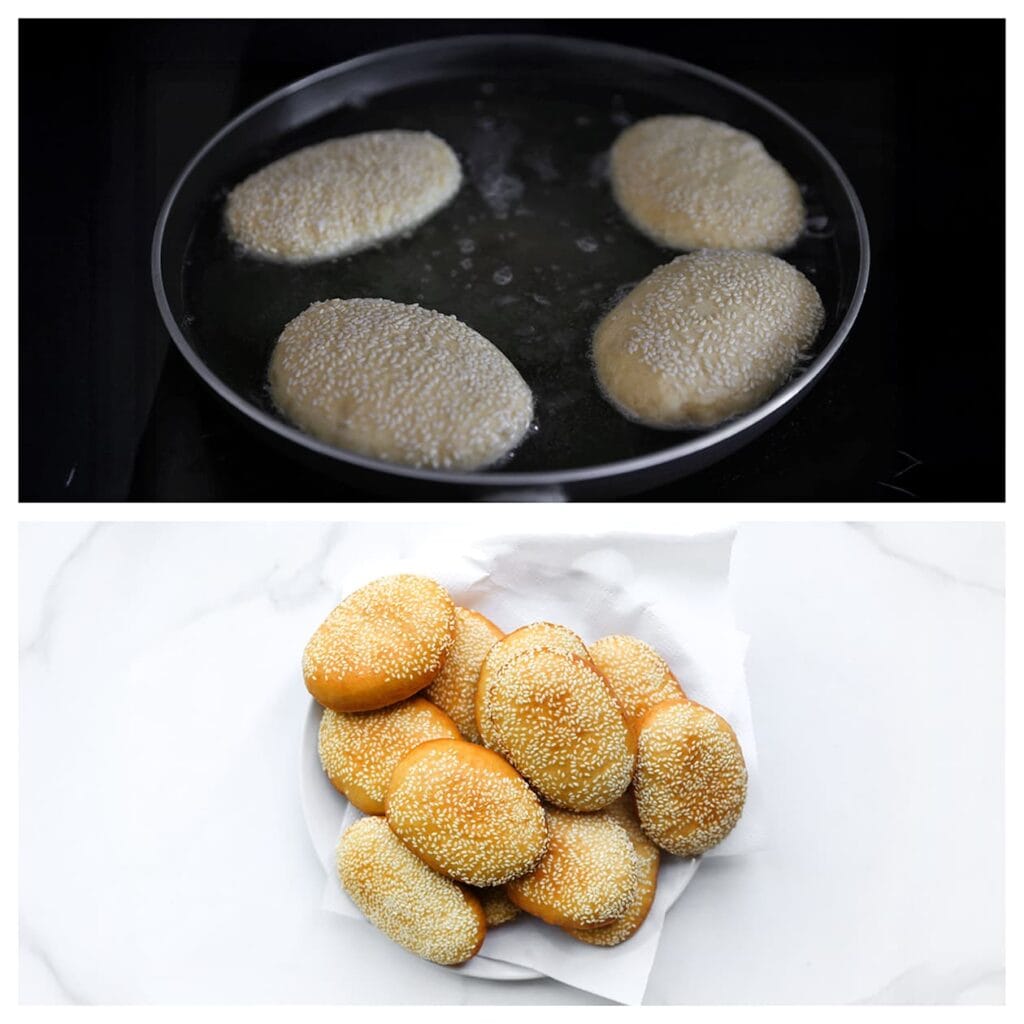 Verhit een pan met een laagje zonnebloemolie tot 175 °C. Bak de gerezen broodjes aan beide kanten goudbruin. Laat uitlekken op keukenpapier.