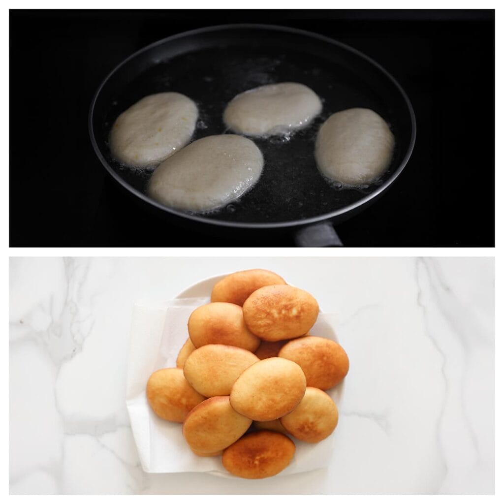 Verhit een laagje zonnebloemolie in een koekenpan tot 175 °C. Bak de donuts aan beide kanten goudbruin. Laat ze uitlekken op keukenpapier.
