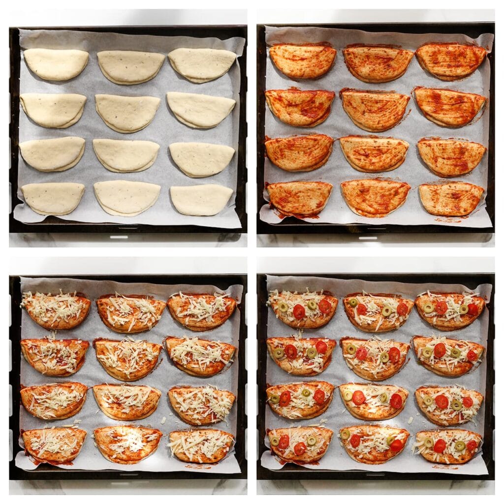 Leg het deeg op een met bakpapier beklede bakplaat. Bestrijk elke stuk met de tomatensaus en garneer met geraspte kaas, plakjes olijven en snoeptomaatjes.