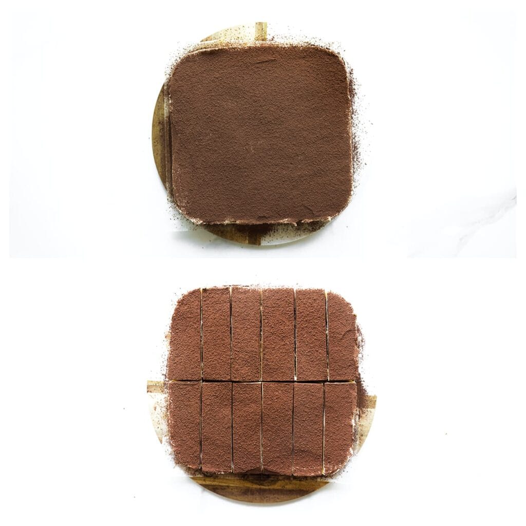 Bestuif vlak voor het serveren met een dun laagje cacaopoeder. Snijd in gelijke stukken en serveer.