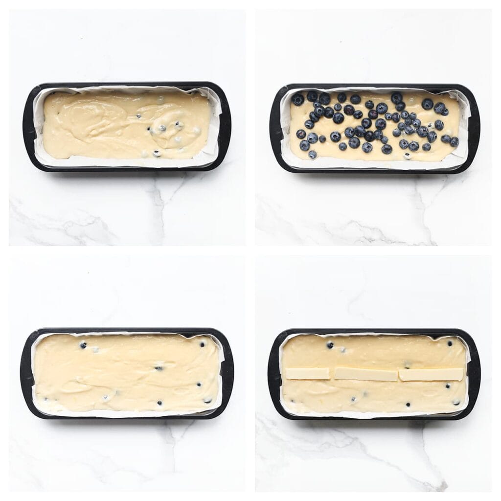 Giet de helft van het beslag in een met bakpapier beklede cakevorm en strijk glad. Verdeel de resterende bosbessen over het beslag. Schep de rest van het beslag erbovenop en strijk opnieuw glad. Snijd de extra roomboter (35 g) in plakjes en leg deze bovenop het beslag. Dit zorgt voor een extra smeuïge bovenlaag tijdens het bakken.