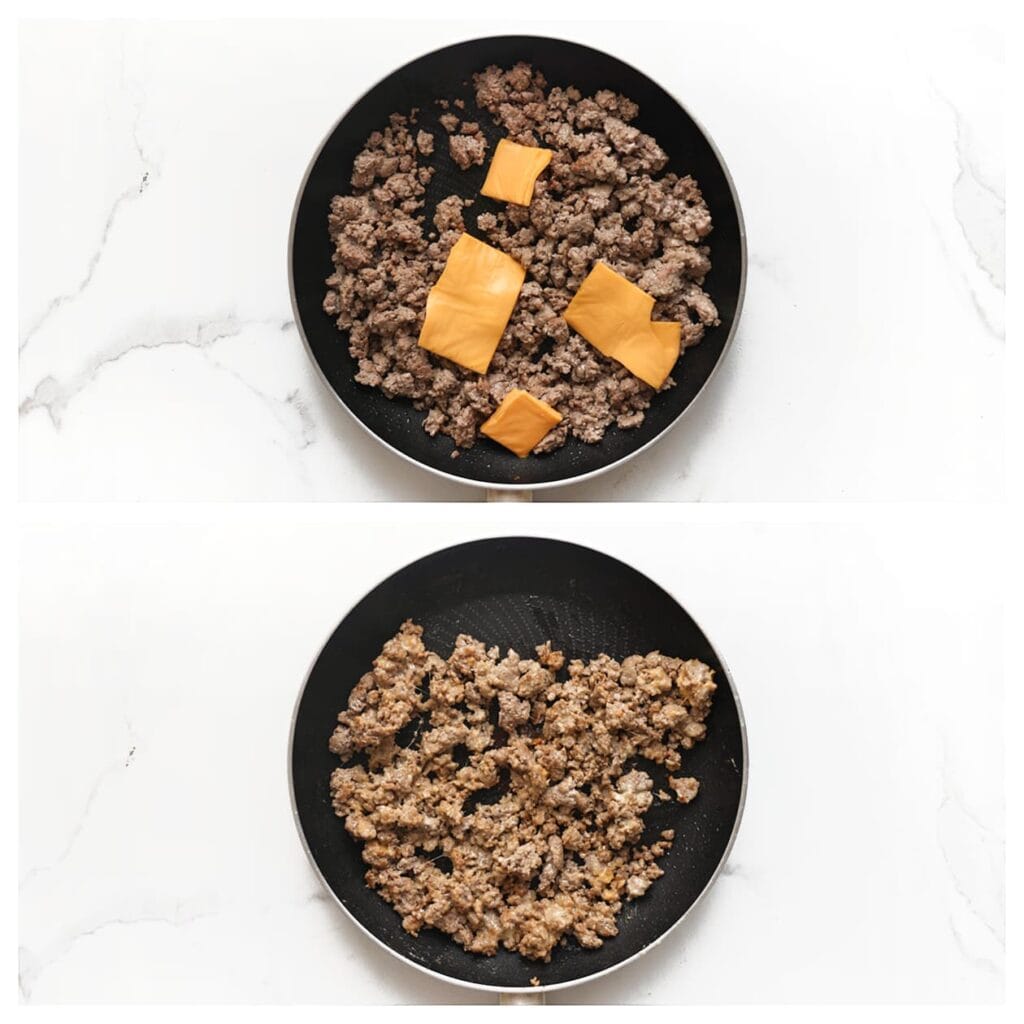 Voeg de cheddar kaas toe aan het gehaktmengsel en roer goed door tot de kaas gesmolten is en het mengsel iets gebonden is. Zet opzij en laat iets afkoelen.