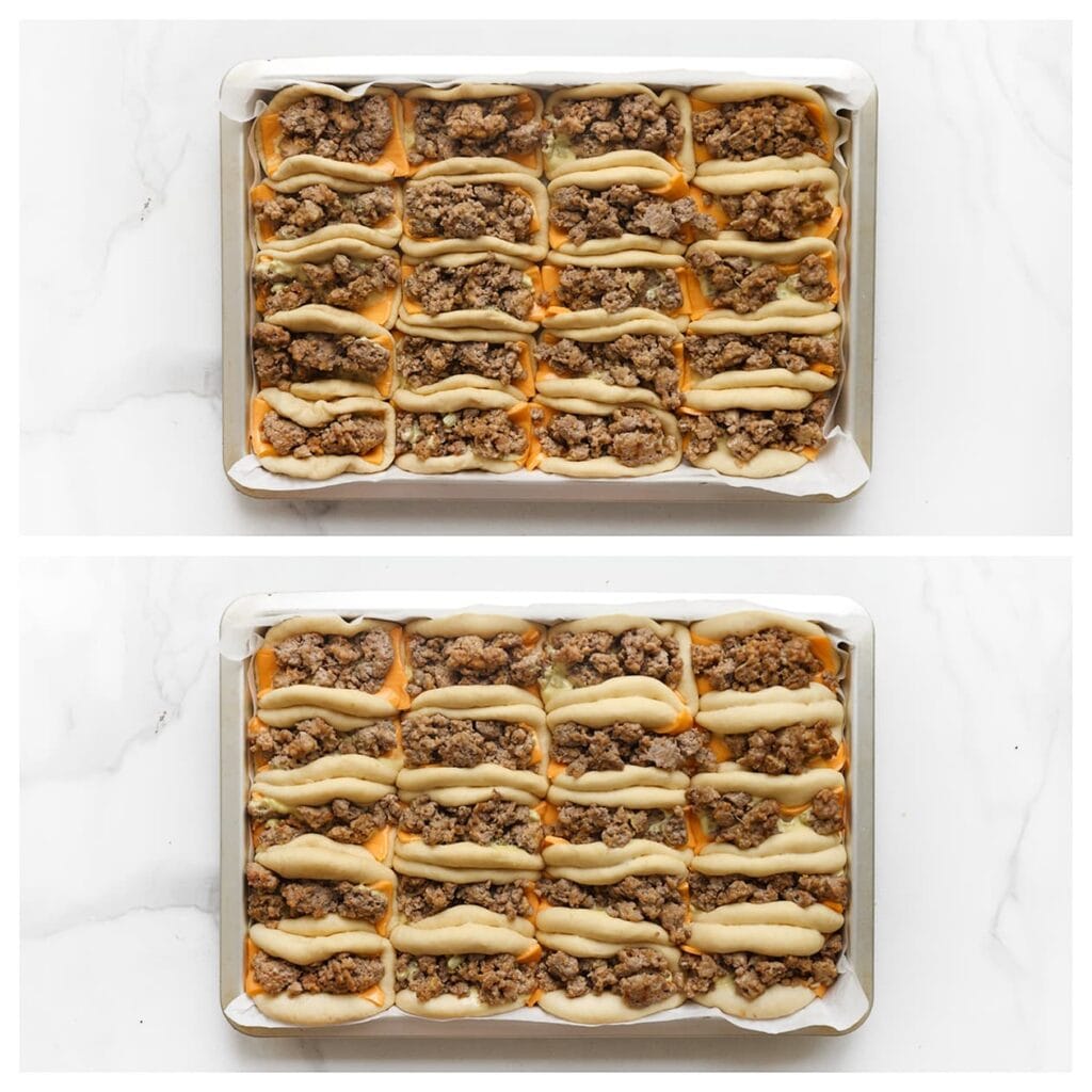 Leg het deeg op een met bakpapier beklede schaal. Plaats ze dicht tegen elkaar aan. Laat nogmaals 30 minuten rijzen, tot ze in omvang zijn verdubbeld.