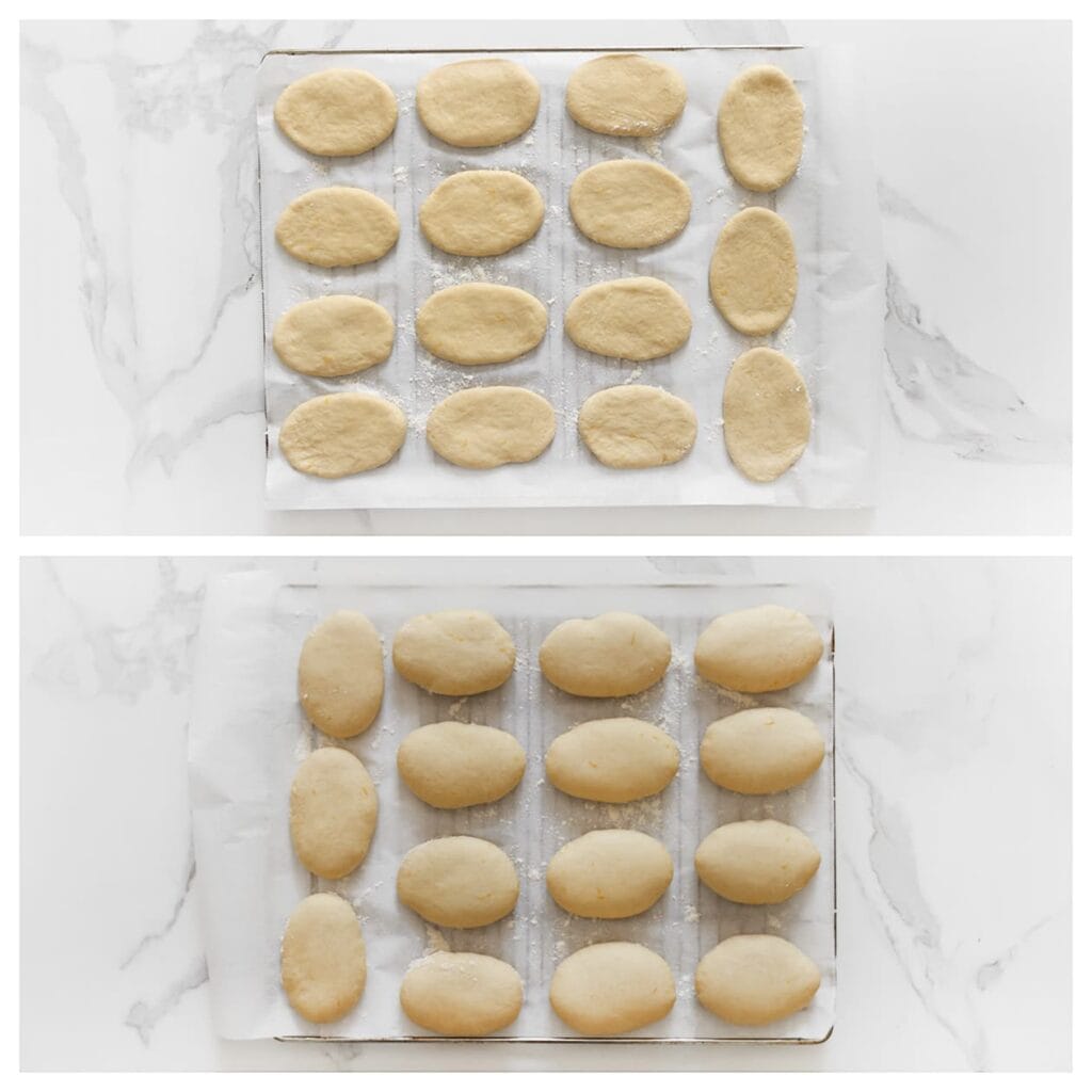 Leg ze op een met bakpapier beklede bakplaat. Laat het deeg 30 minuten rijzen, of tot ze in omvang zijn verdubbeld.