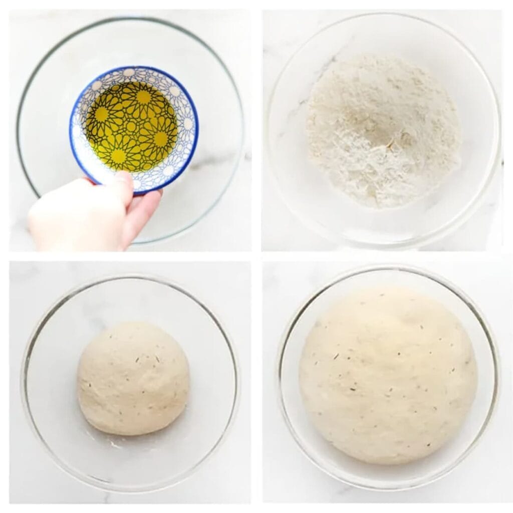 Voeg de olijfolie toe en meng goed. Voeg de bloem, het zout en de Italiaanse kruiden toe. Kneed 10–12 minuten tot een samenhangend deeg. Dek af en laat 1 uur rijzen, of tot het in omvang is verdubbeld.