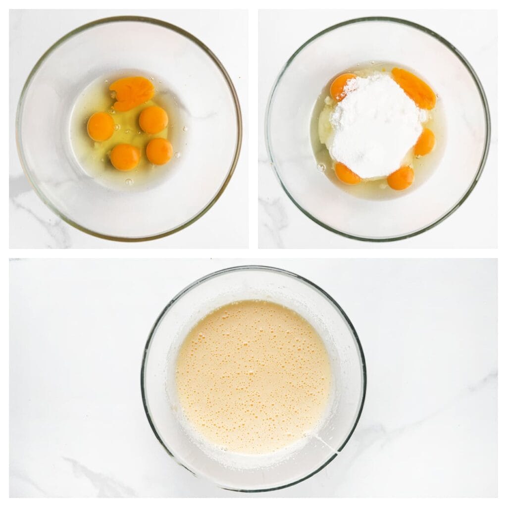 Breek de eieren boven een grote mengkom. Voeg de kristalsuiker en vanillesuiker toe. Mix dit 5-7 minuten tot het mengsel licht en luchtig is.