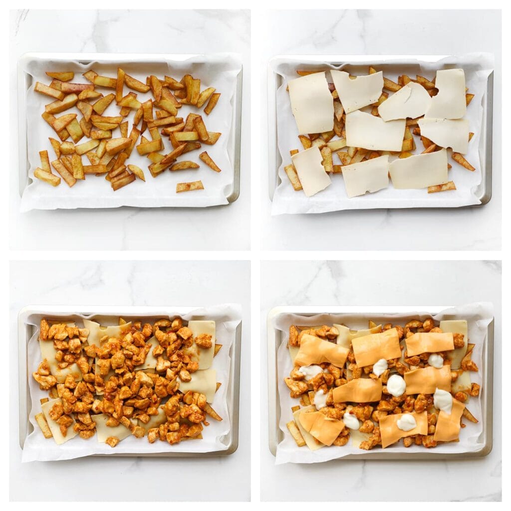 Verdeel de friet over een ovenschaal. Leg er plakjes jonge kaas over, gevolgd door de kip, cheddar kaas en dotjes smeerkaas.