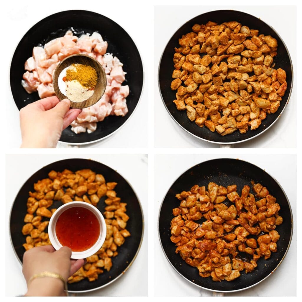 Verhit in een andere koekenpan de zonnebloemolie. Voeg de kippendijen toe samen met het zout, de cayennepeper, uienpoeder en knoflookpoeder. Bak 5–6 minuten tot gaar. Voeg de chilisaus toe en meng goed. Zet apart.