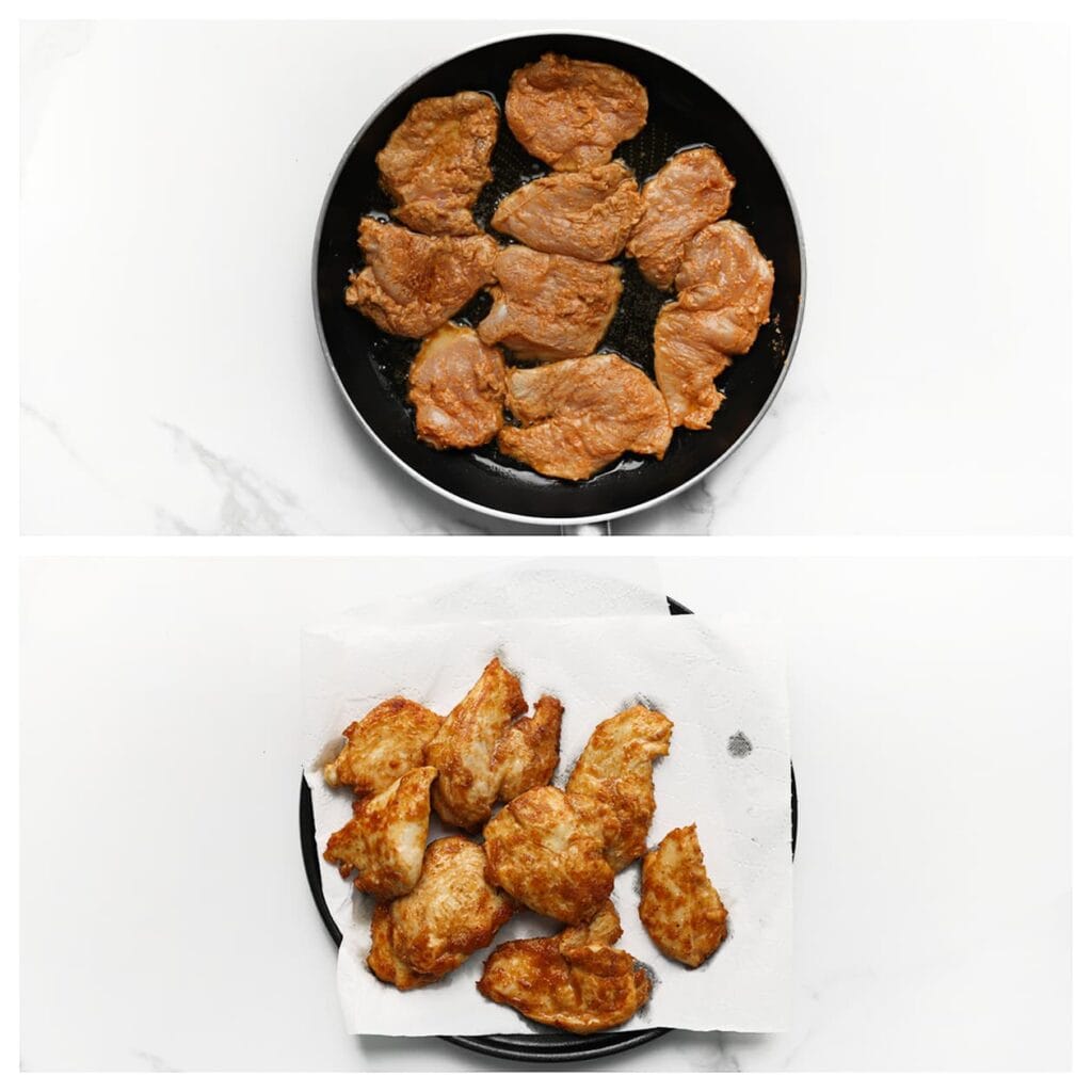 Verhit een beetje olie in een koekenpan op middelhoog vuur en bak de kip gaar en goudbruin.