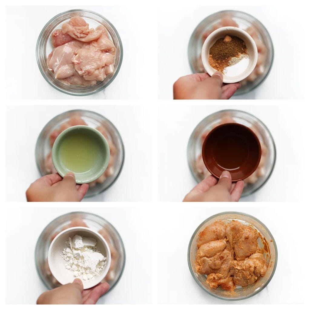 Was de kippendijen en snijd ze in stukjes. Doe ze in een kom. Voeg het zout, knoflookpoeder, komijnpoeder, uienpoeder, de cayennepeper, zwarte peper, olijfolie, citroensap en maïzena toe. Meng goed.