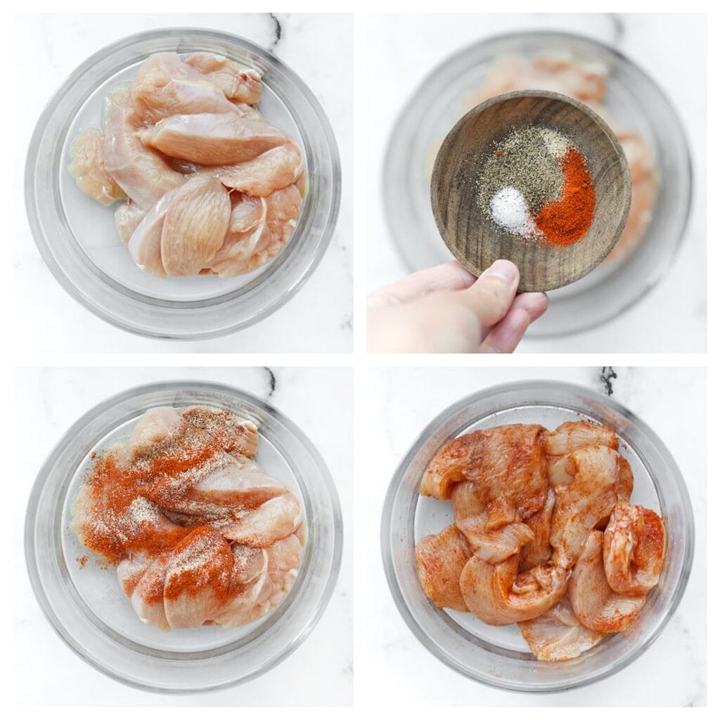 Snijd de kip in plakjes en doe ze in een kom. Voeg het zout, de cayennepeper, uienpoeder, knoflookpoeder en zwarte peper toe. Meng goed.