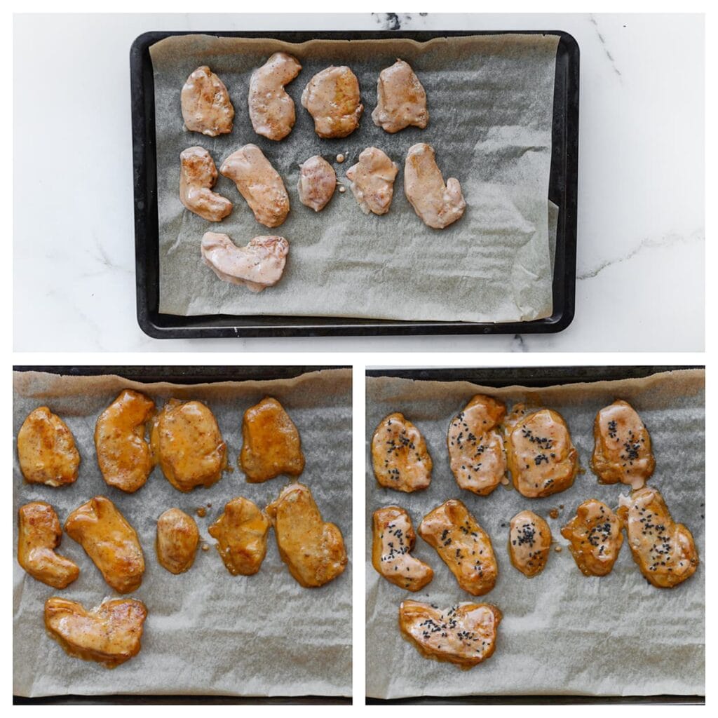 Leg de kipstukjes op een met bakpapier beklede bakplaat. Bak 5 minuten in een voorverwarmde oven op 200 ℃. Haal uit de oven, bestrijk opnieuw met wat saus en bestrooi met sesamzaadjes.