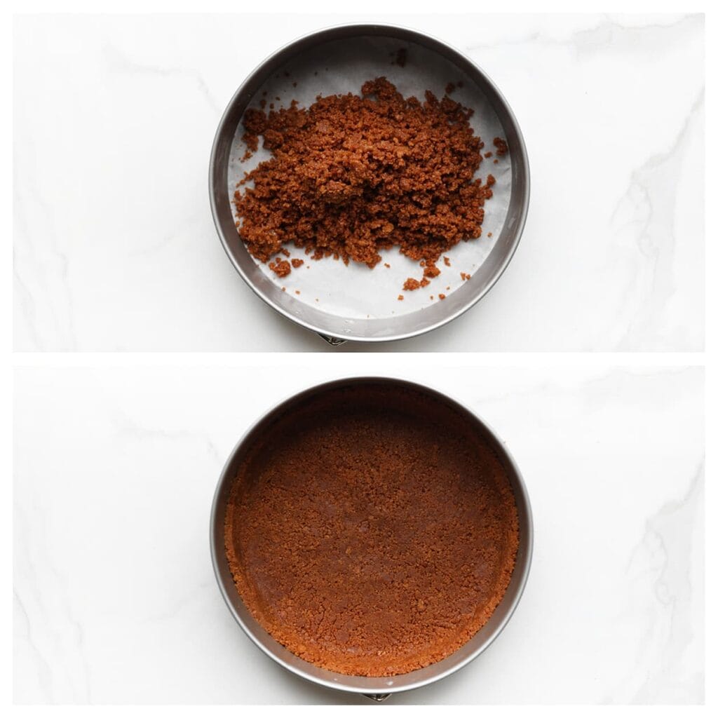 Bekleed de bodem van een springvorm met bakpapier. Verdeel het koekjesdeeg gelijkmatig over de bodem en druk het stevig aan met de achterkant van een lepel. Vergeet de randen niet mee te nemen. Zet de vorm kort in de koelkast.