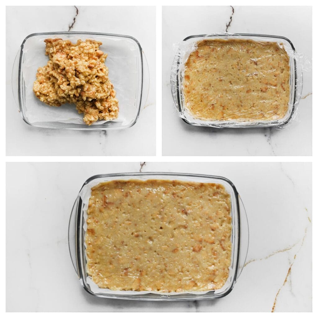 Verdeel het koekjesdeeg over een met bakpapier beklede schaal of vorm. Druk stevig aan met de achterkant van een lepel of met je handen. Tip: gebruik een vel huishoudfolie om het strak aan te drukken.