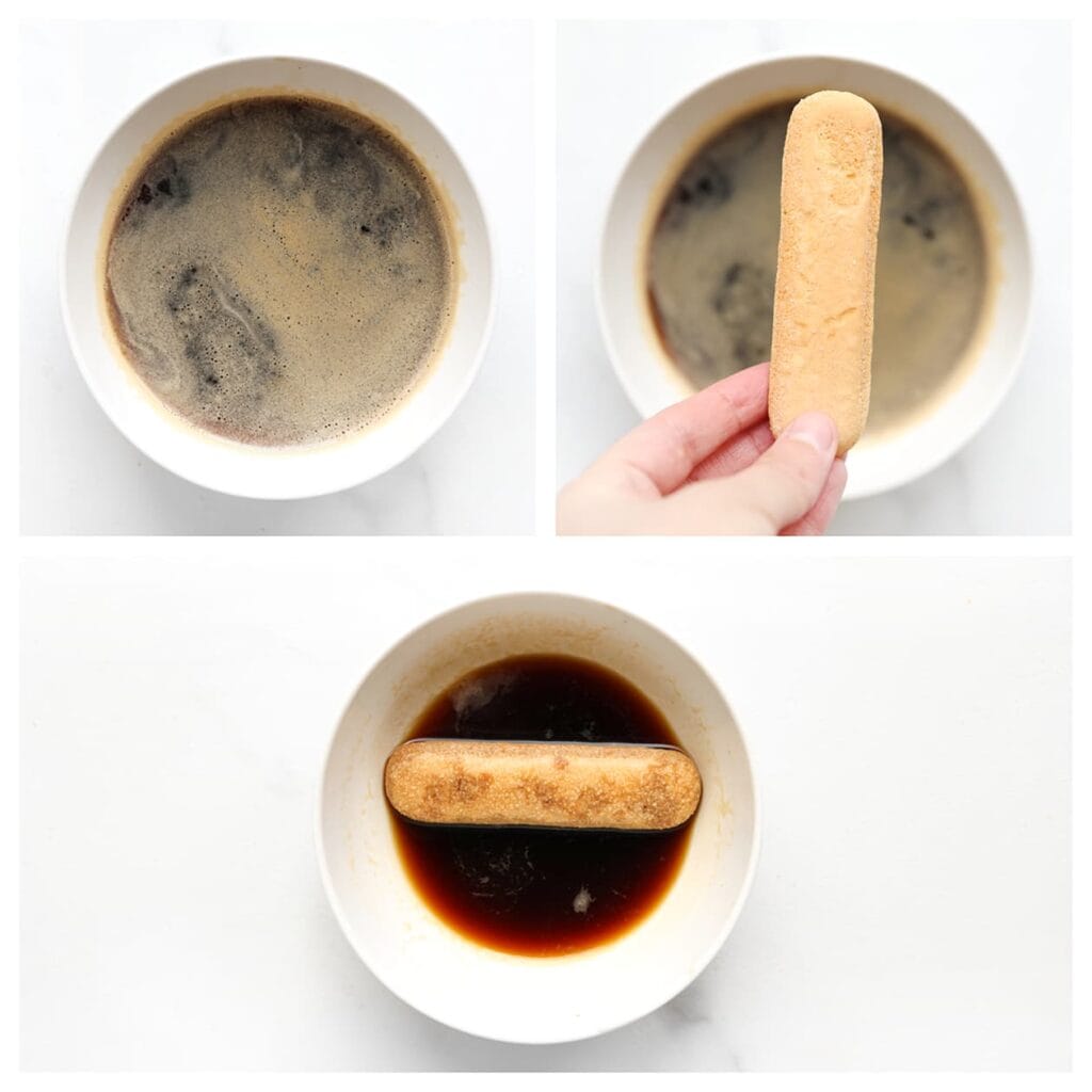 Doop de lange vingers kort in de afgekoelde espresso.