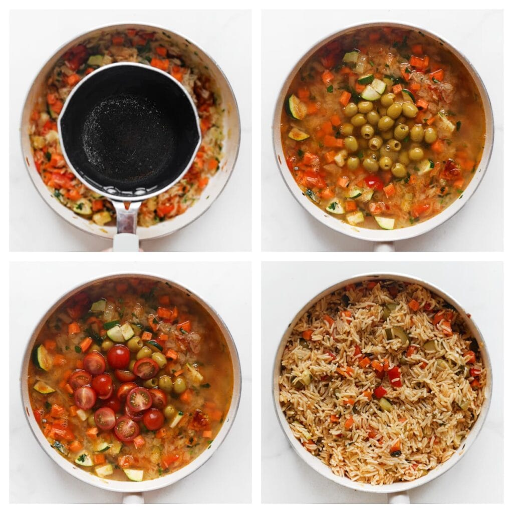 Voeg het gekookte water, de groene olijven en de snoeptomaatjes toe. Breng aan de kook op hoog vuur. Zodra het kookt, zet je het vuur laag. Dek de pan af en laat de rijst in 10–15 minuten het vocht opnemen.