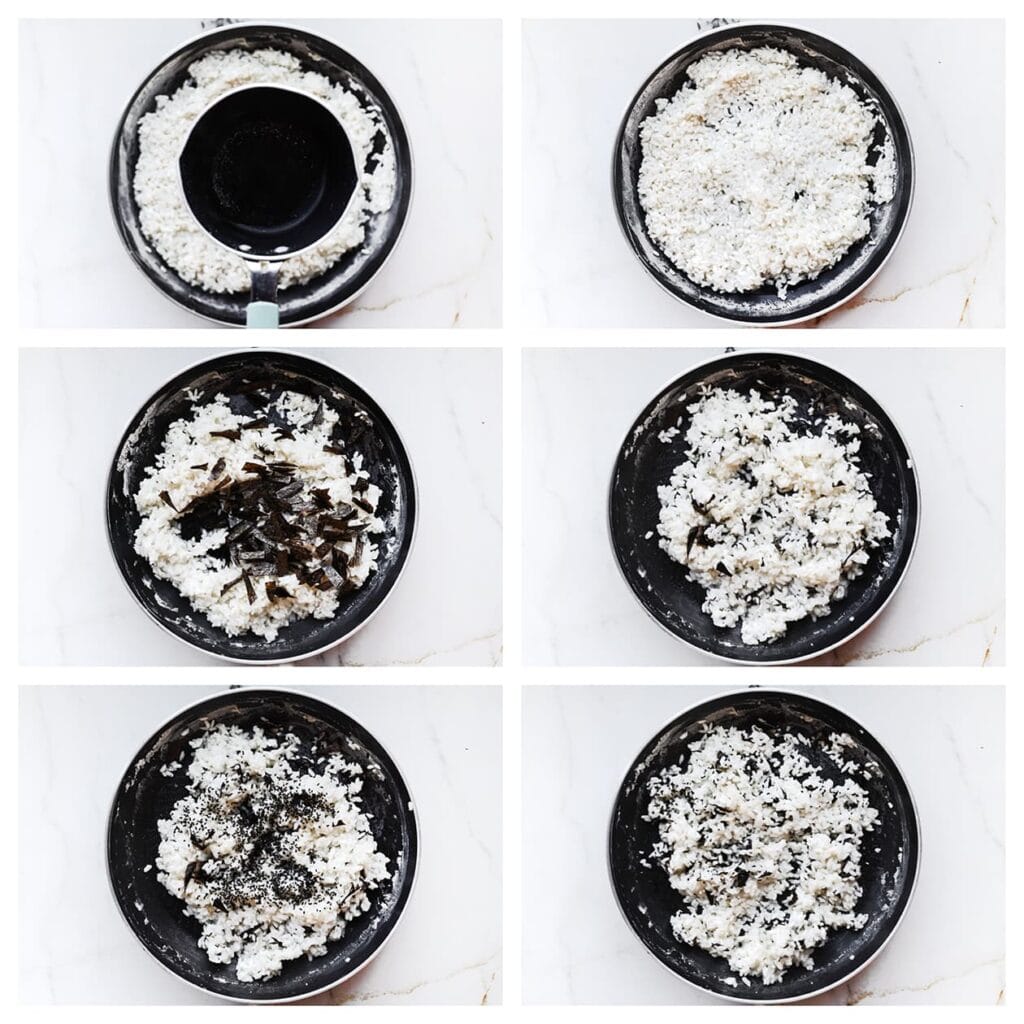 Knip de norivellen in kleine stukjes. Voeg het suiker-azijnmengsel toe aan de afgekoelde rijst en meng goed. Voeg de stukjes norivel en een beetje zwarte sesamzaad toe. Meng goed.