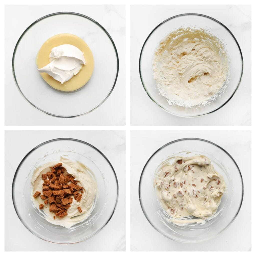 Doe de afgekoelde chocolade samen met de mascarpone in een kom en mix 1 minuut. Verkruimel de biscoff-koek grof en spatel deze door het roommengsel.