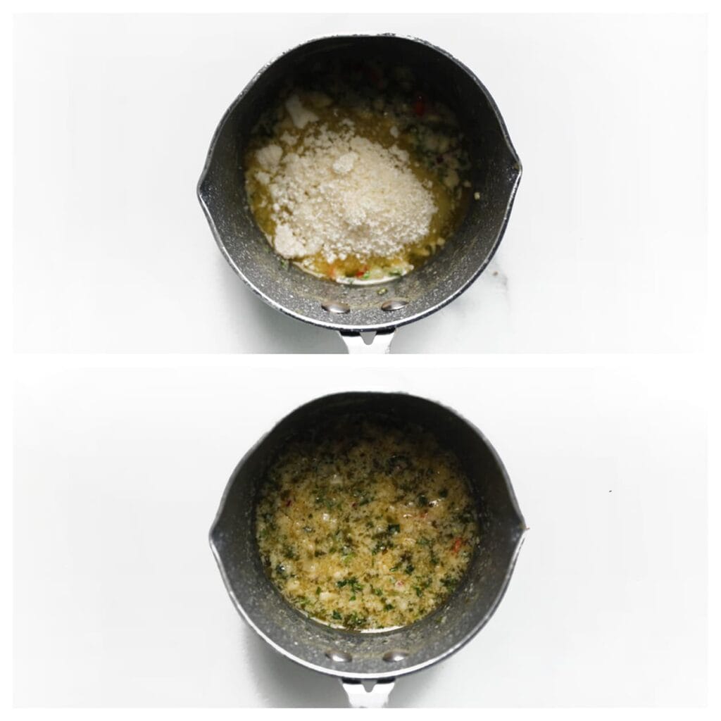 Smelt de kruidenboter in een steelpan op laag vuur. Haal de pan van het vuur en roer de Parmezaanse kaas erdoor tot deze volledig gesmolten is.