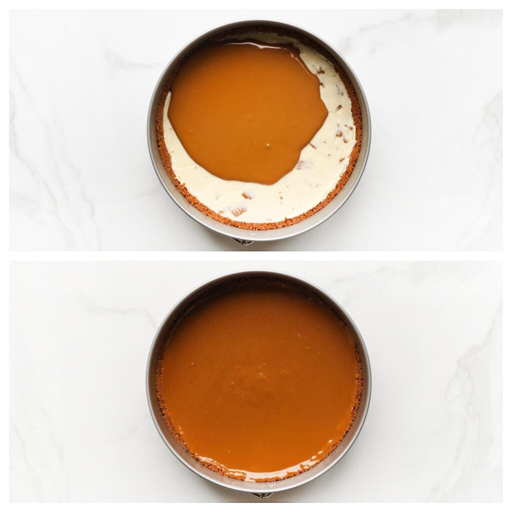 Giet de vloeibare biscoff-pasta gelijkmatig over de roomlaag. Zet het in de koelkast zodat het kan opstijven.