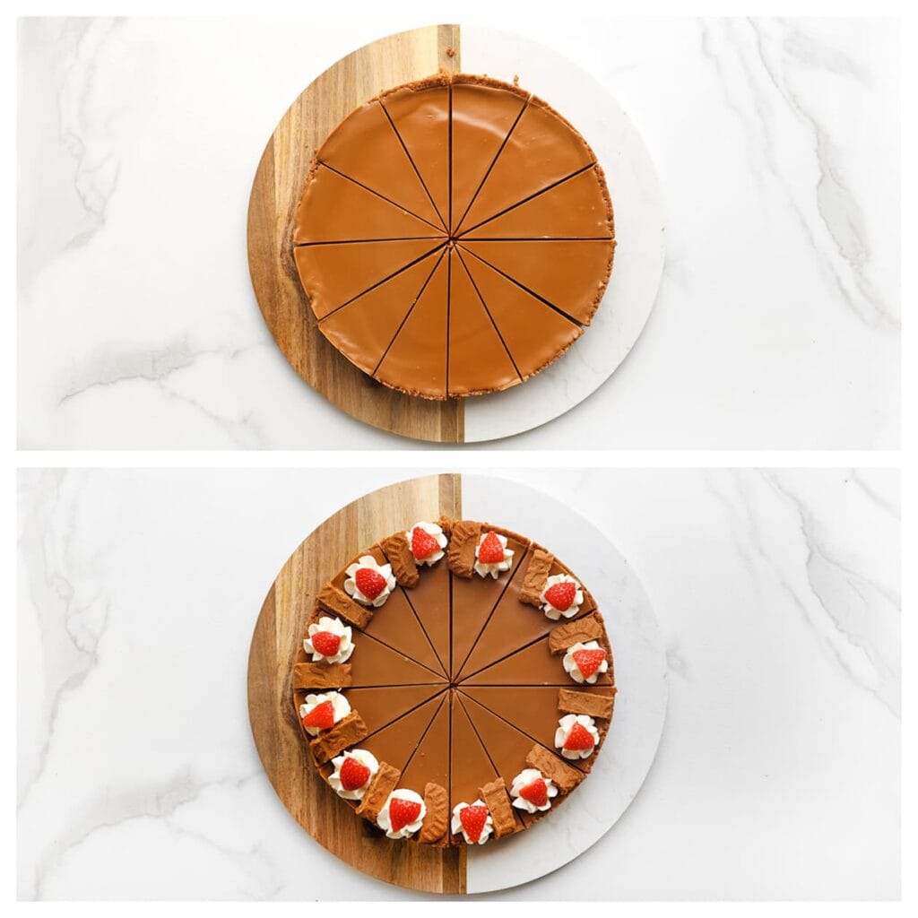 Snijd het dessert in puntjes. Garneer elk puntje met een toef room en een verse aardbei.