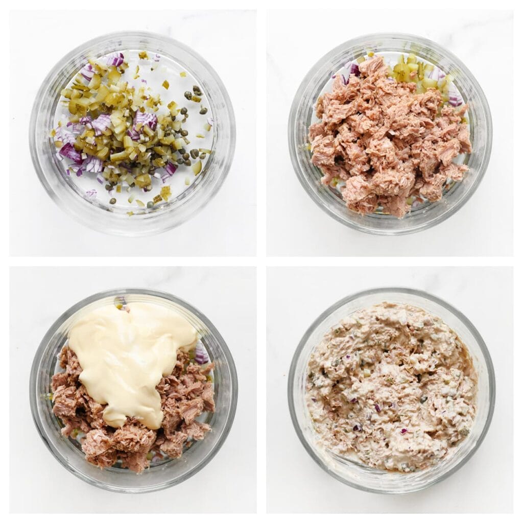 Snipper ondertussen de rode ui en snijd de augurk klein. Laat de tonijn uitlekken. Meng de rode ui, augurk, kappertjes, tonijn en mayonaise in een kom tot een smeuïge salade.