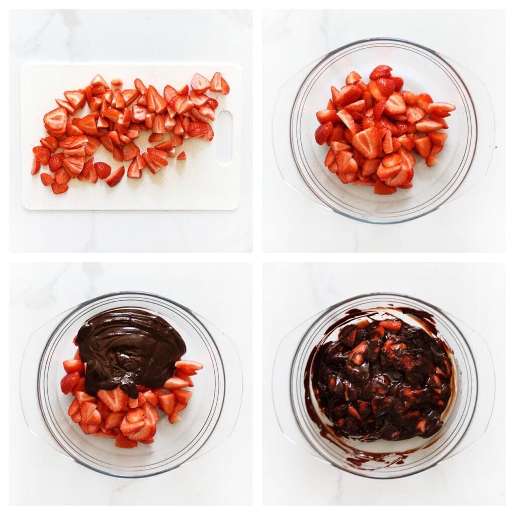 Snijd de aardbeien (400 g) in stukjes en doe ze in een kom. Voeg de chocoladeganache toe en meng tot een geheel.