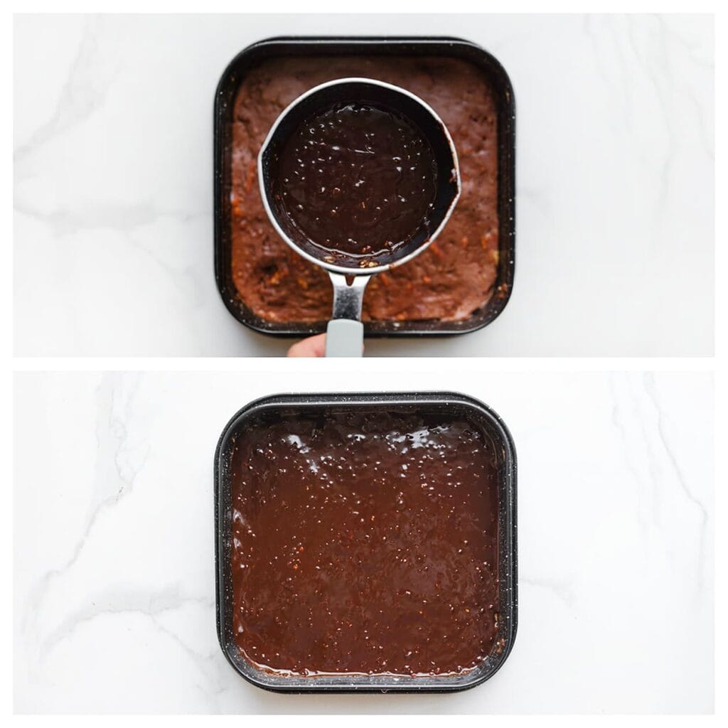 Giet de ganache over het koekjesmengsel en laat het dessert, afgedekt, enkele uren opstijven in de koelkast.