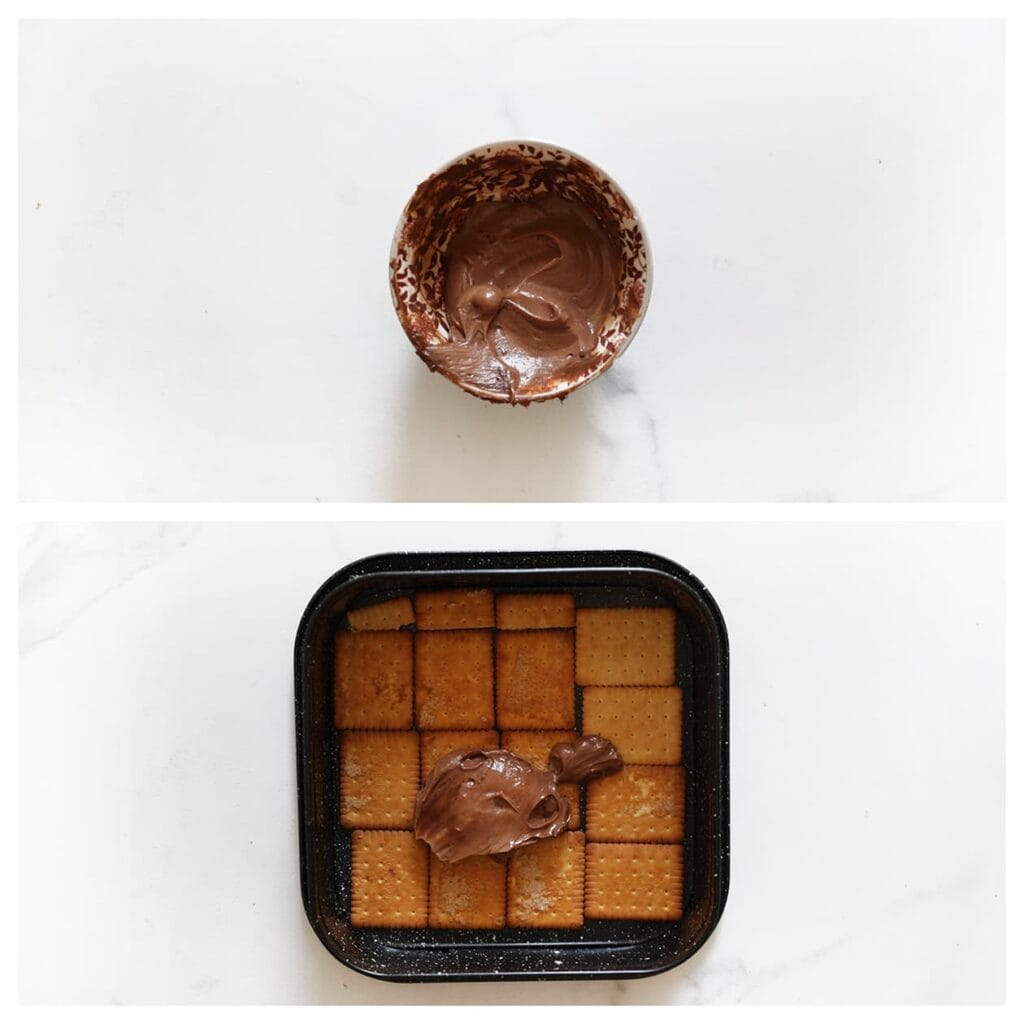 Verdeel het apart gehouden mengsel van 100 gram over de biscuitlaag en strijk glad.