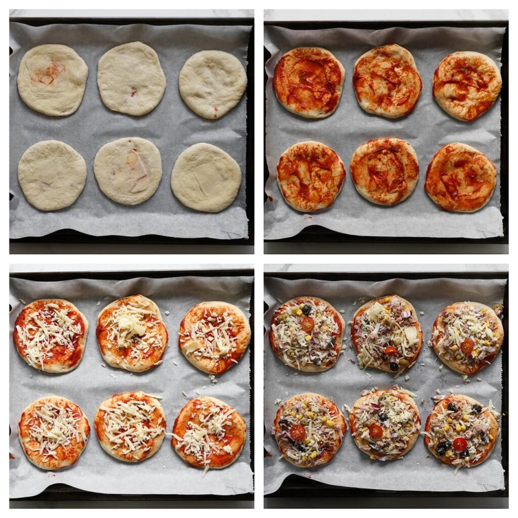 Leg het deeg op een met bakpapier beklede bakplaat. Bestrijk met tomatenpuree, strooi er geraspte kaas over en garneer met het tonijnmengsel. Voeg eventueel een plakje snoeptomaat toe. Laat de mini pizza’s 30 minuten rijzen.