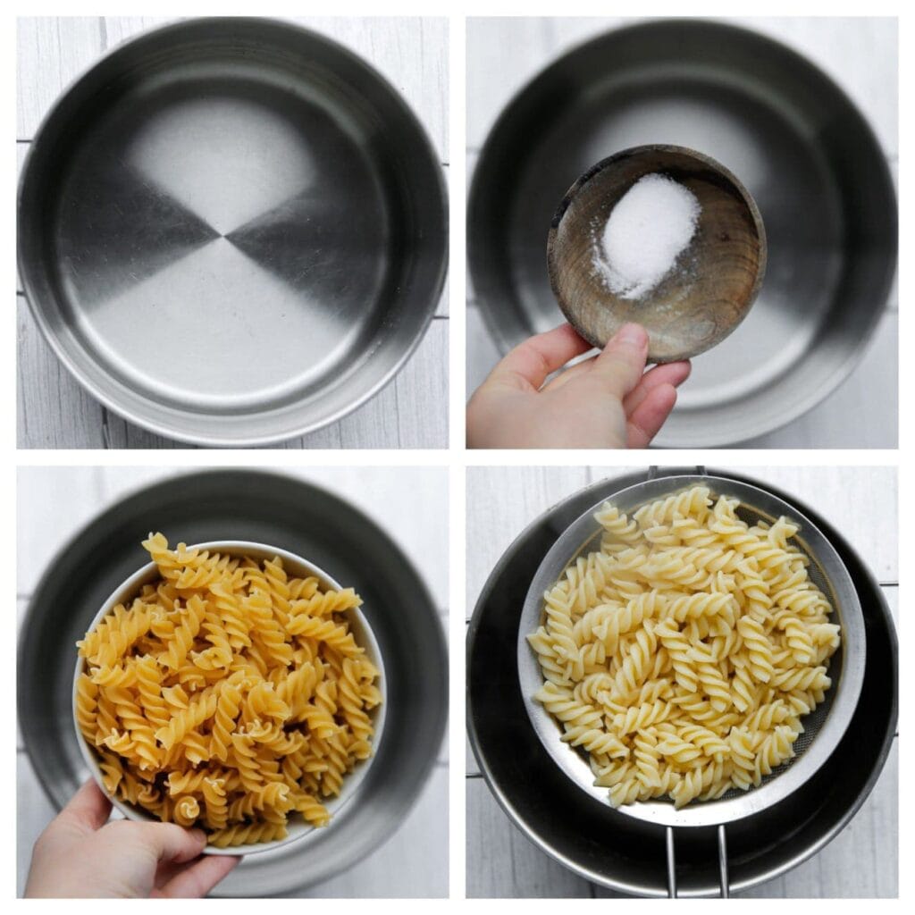 Breng ruim water aan de kook en voeg een snuf zout toe. Doe de pasta in de pan en roer na een paar minuten even door om te voorkomen dat ze aan elkaar plakken. Kook de pasta in 8–13 minuten gaar, of totdat je zelf tevreden bent met de garing. Giet de pasta daarna af.