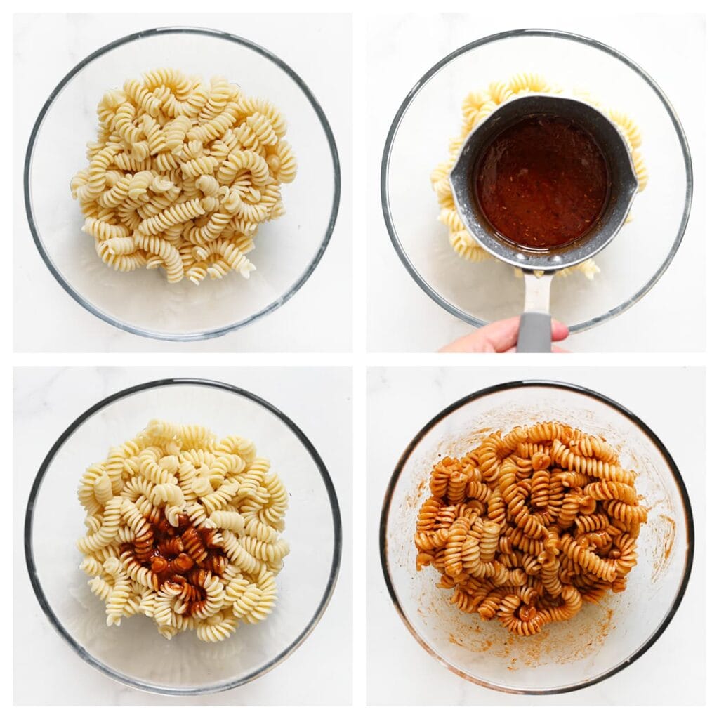 Doe de uitgelekte pasta in een diepe kom en voeg de saus toe. Meng goed door elkaar.