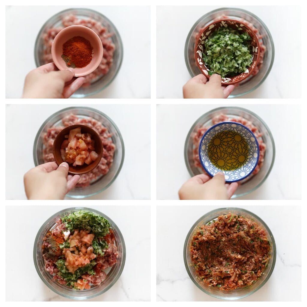 Meng voor het gehaktmengsel het gehakt met het zout, komijnpoeder, knoflookpoeder, de ras el hanout, zwarte peper, cayennepeper, gehakte peterselie, ui, tomaat en olijfolie. Zet apart.