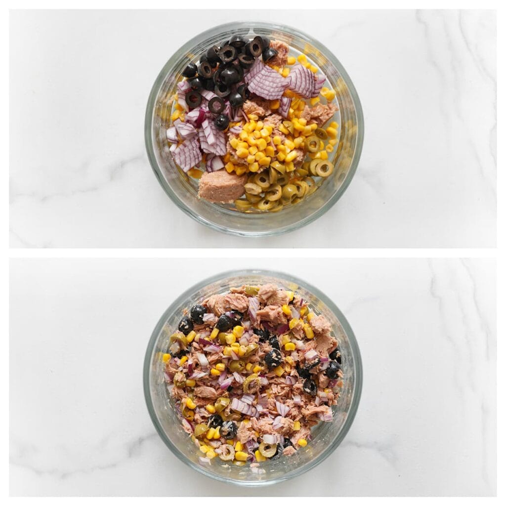 Meng intussen de tonijn met de fijngesnipperde rode ui, maïs en in plakjes gesneden groene en zwarte olijven in een kom. Zet opzij.