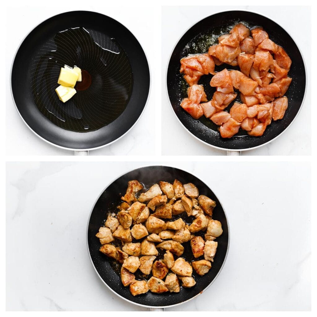 Verhit de roomboter in een koekenpan op middelhoog vuur. Voeg de kip toe en bak deze gaar. Voeg de honing toe en meng goed door de kip heen.