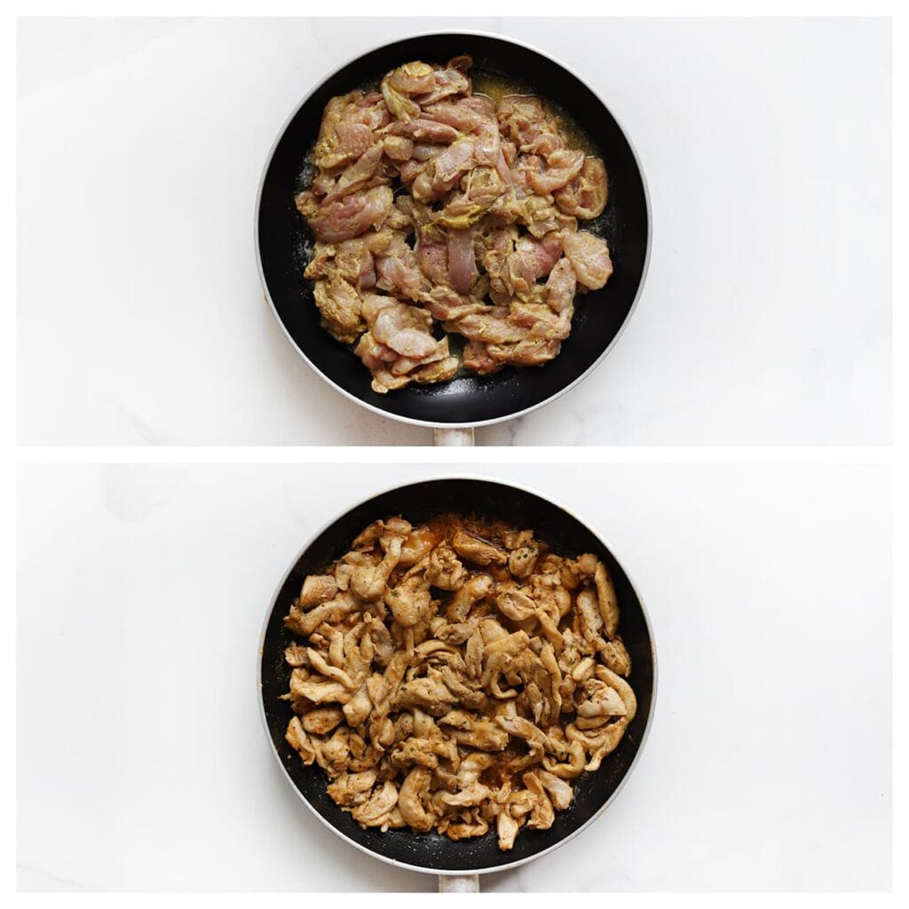 Verhit de roomboter in een koekenpan en bak de kip gaar.