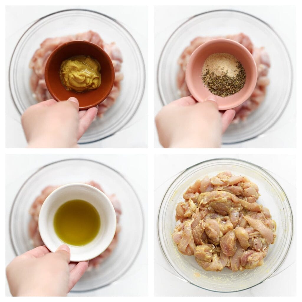 Was en snijd de kippendijen in stukken. Doe in een kom en voeg het zout, knoflookpoeder, uienpoeder, de zwarte peper, oregano, citroensap, mosterd en olijfolie toe. Meng goed.