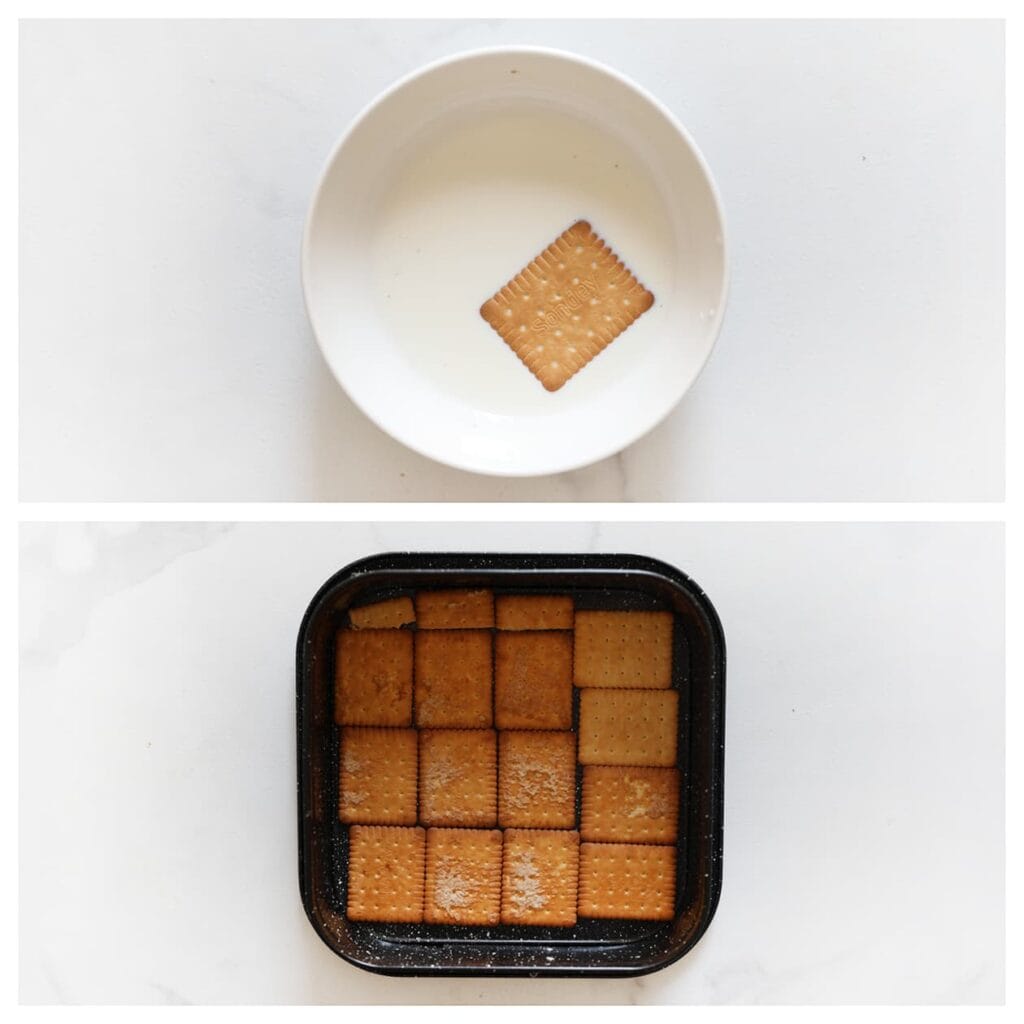 Doop de theebiscuit kort in melk en verdeel in één laag over de bodem van een springvorm.