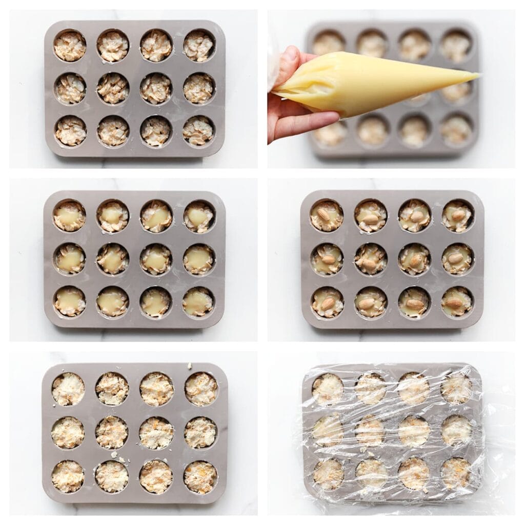 Neem een siliconenvorm. Verdeel een laagje van het cornflakesmengsel over de bodem en druk goed aan. Spuit een laagje ganache op het mengsel en leg er een gebakken amandel op. Bedek met nog een laag van het cornflakesmengsel en strijk glad. Dek af en laat 4–5 uur opstijven in de koelkast, bij voorkeur een hele nacht.