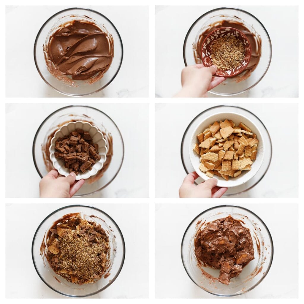 Voeg aan de rest van het mengsel de geroosterde hazelnoten, stukjes chocoladekoek en gehakte theebiscuit toe. Meng goed.