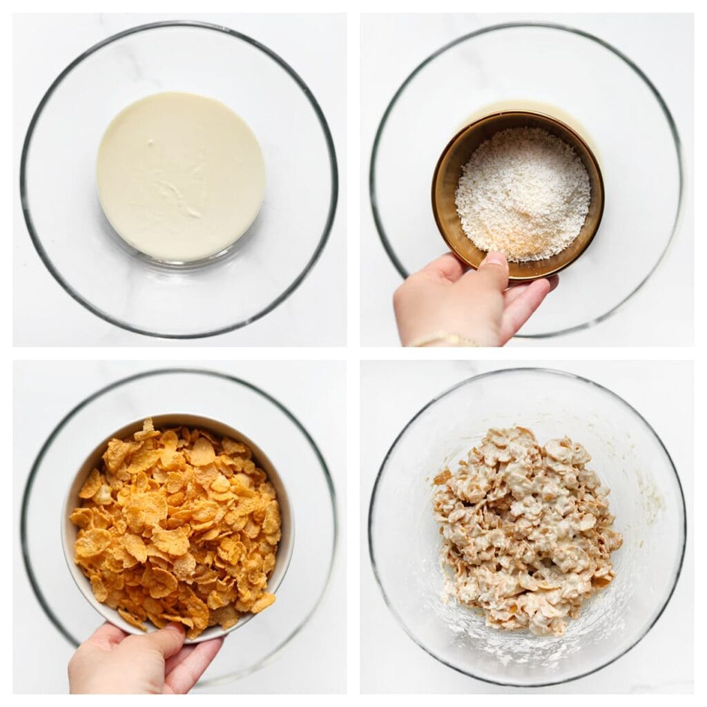 Doe de gesmolten chocolade in een diepe kom. Voeg de cornflakes en de geraspte kokos (15 g) toe. Meng goed tot alles bedekt is.