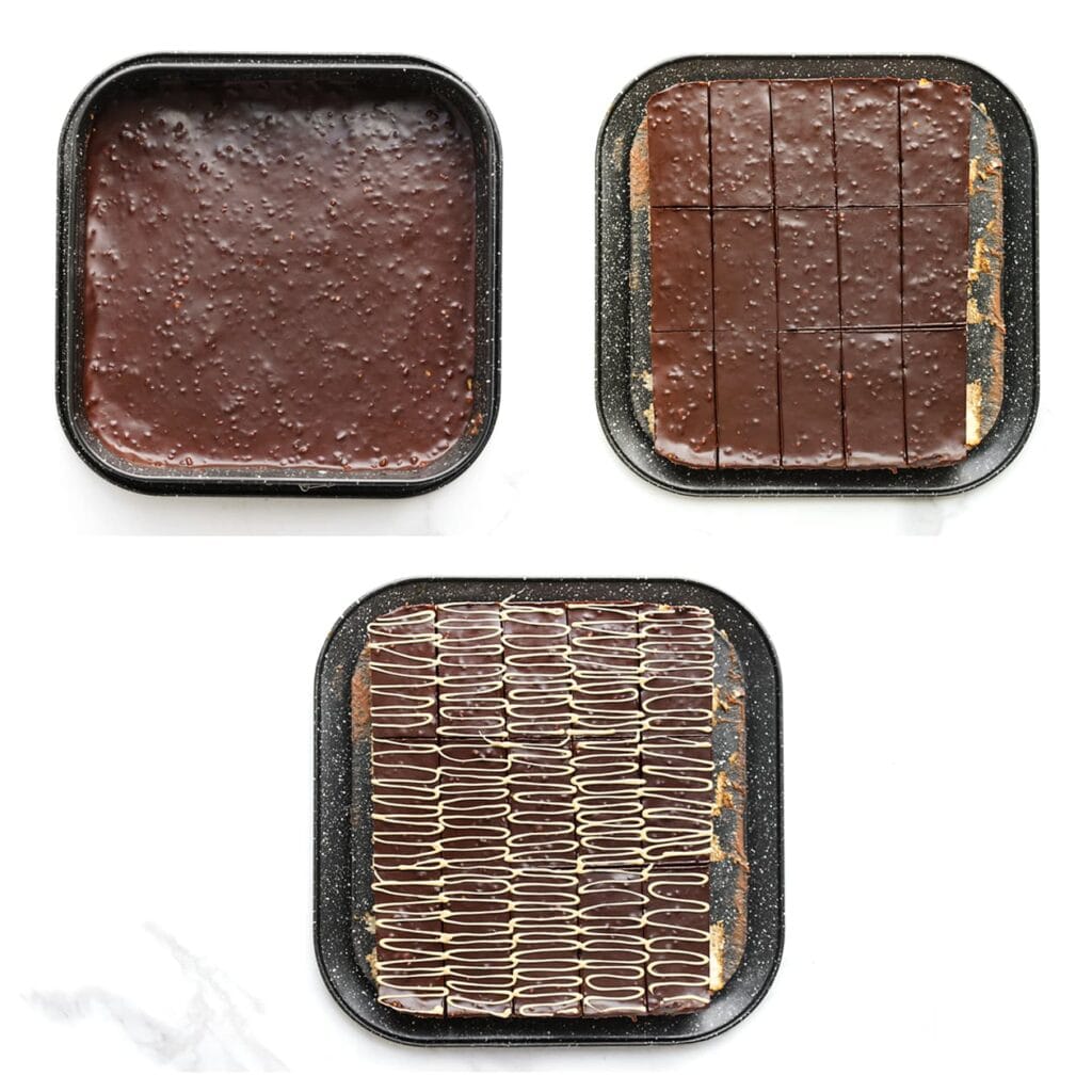 Snijd in stukken en garneer met lijntjes hazelnootcrème en stukjes hazelnootbonbons.